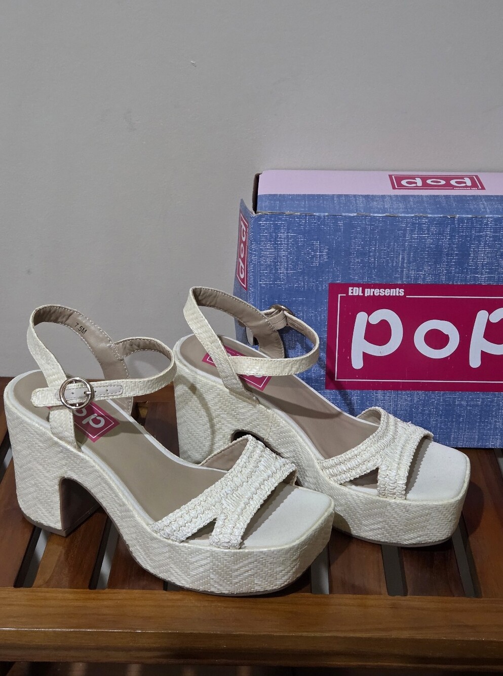 POP Applaud NaruralCream Braided Platform Sandals with Ankle Buckle NEW
